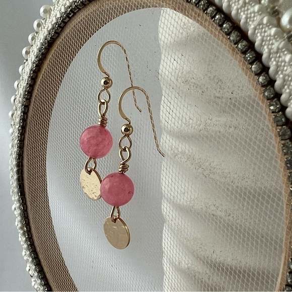 Artisan Gold Dangle Earrings with Pink Jade Beads - Picture 8 of 14